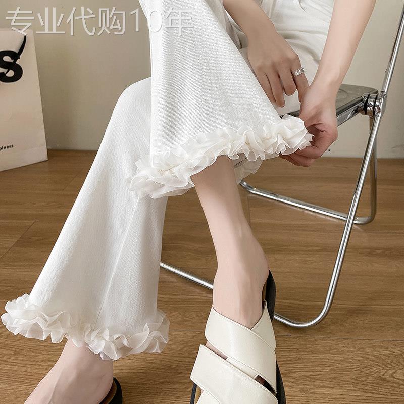 白色微喇牛仔裤女2025年新款夏季高腰显瘦阔腿毛边九分喇叭裤子女