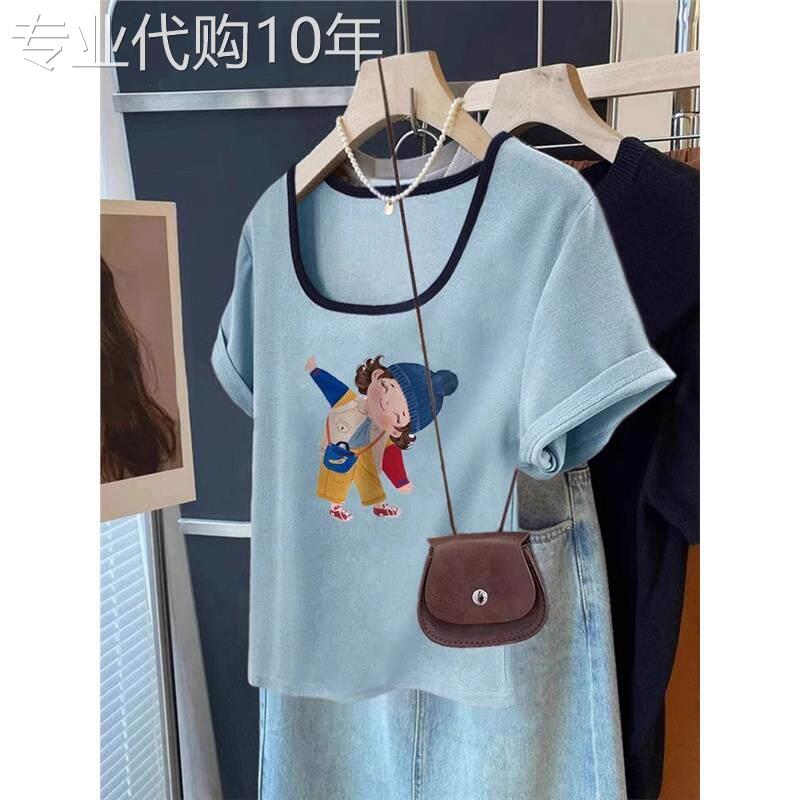 纯棉正肩奶蓝色卡通慵懒短袖t恤女夏季爆款减龄撞色方领锁骨上衣
