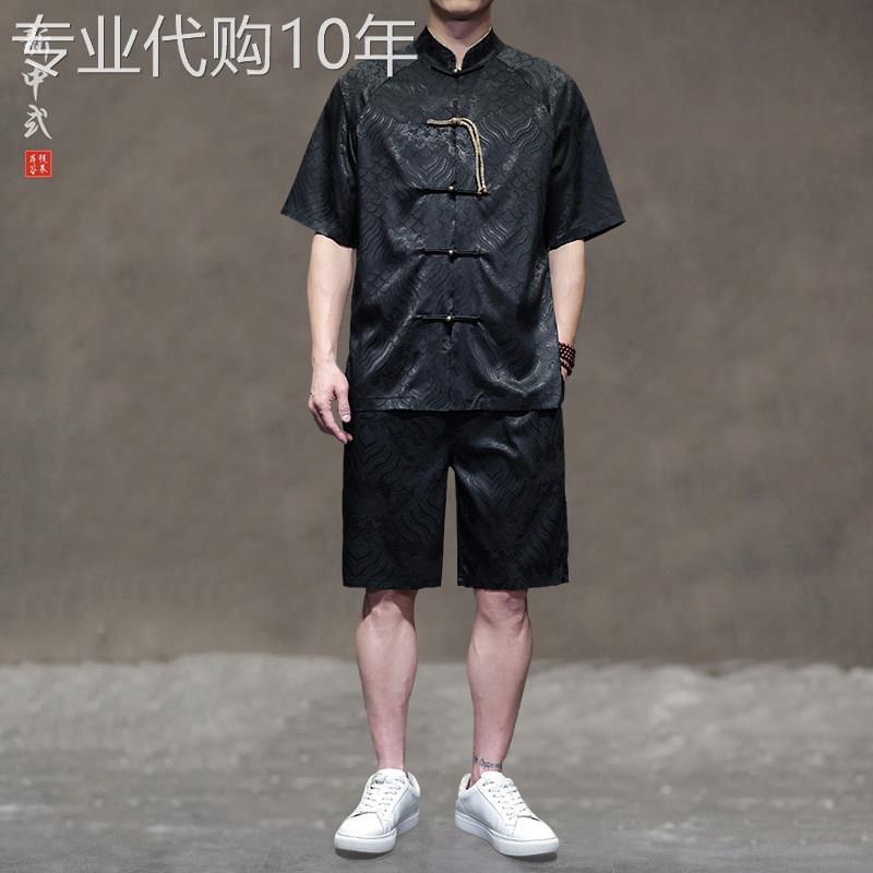 新中式铜扣唐装男士衬衫夏季薄款轻奢复古中山装透气短袖短裤套装