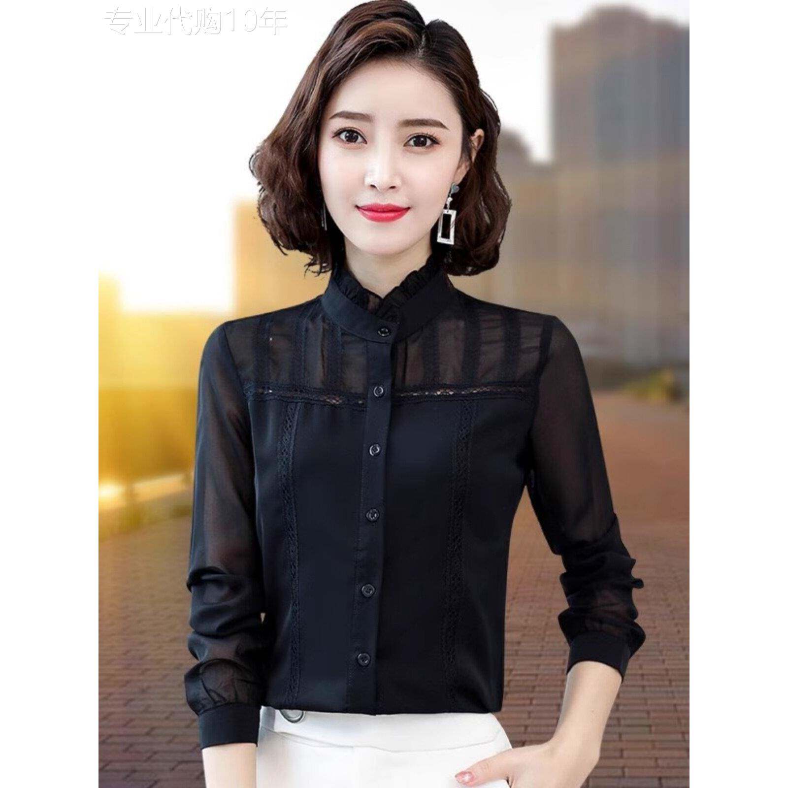 高级感黑色衬衫女2025春秋新款雪纺今年流行拼接网纱内搭打底衬衣