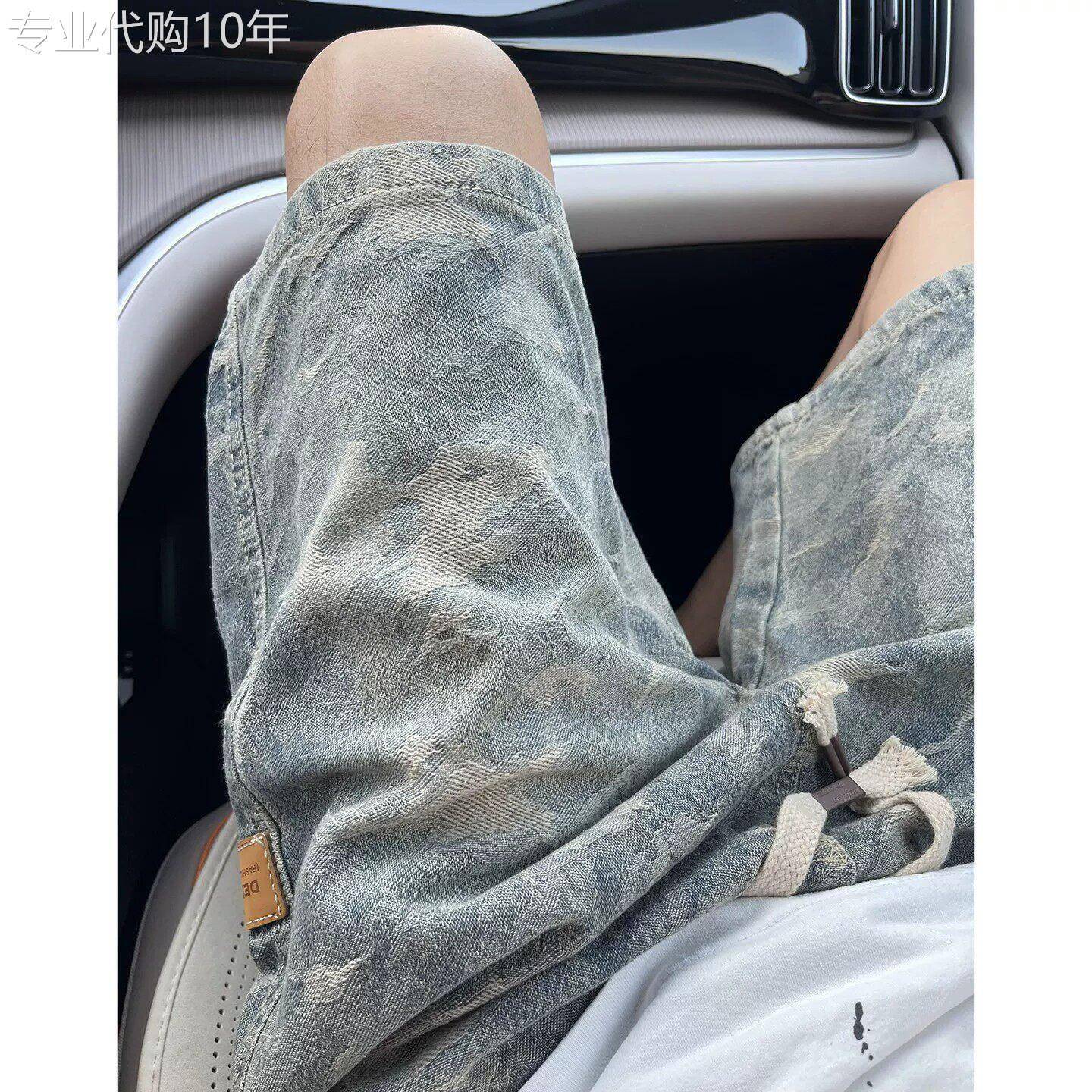 复古水洗迷彩抽绳牛仔短裤男夏季潮牌宽松百搭直筒休闲街头五分裤