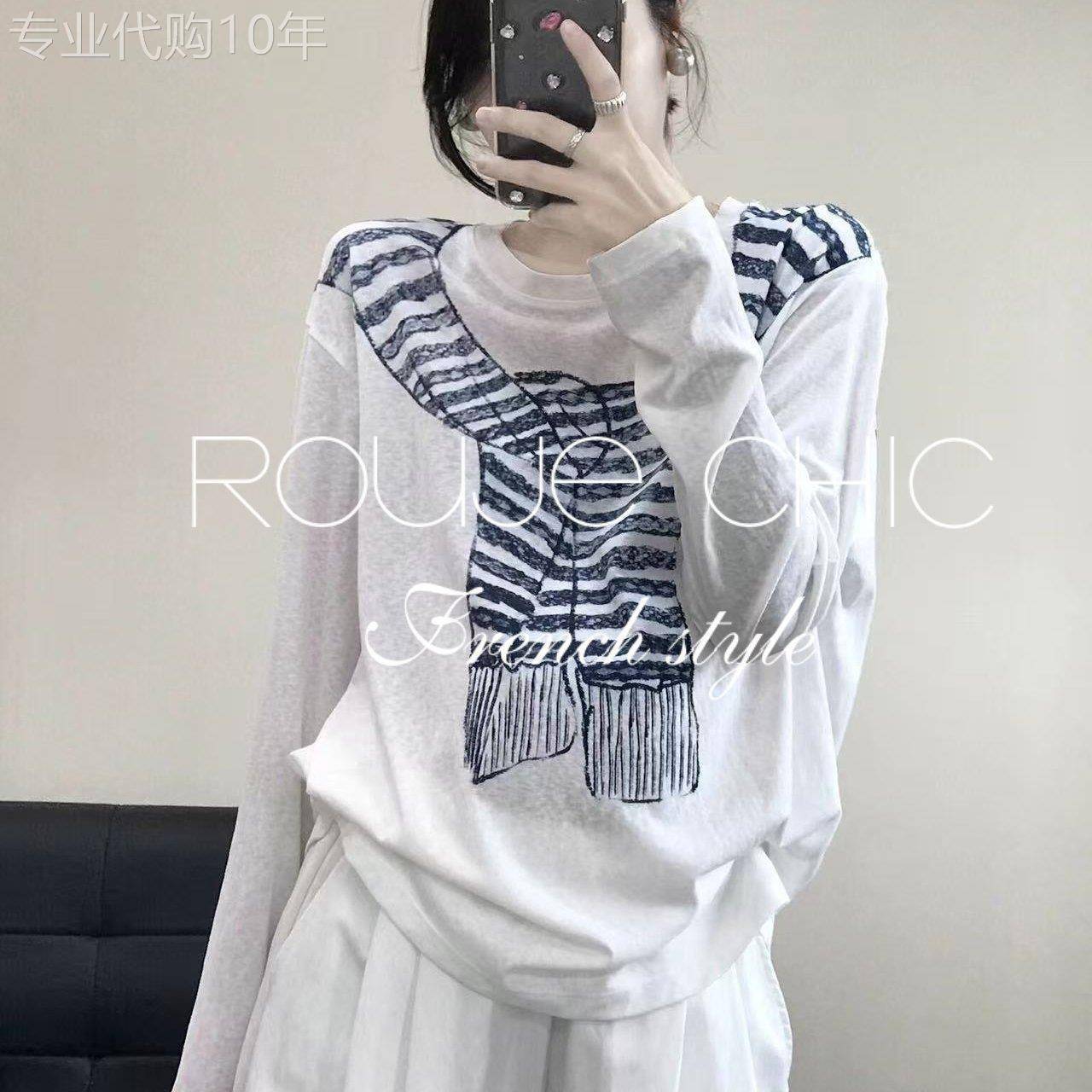 法国rouje chic春季蓝色披肩长袖T恤女法式围巾印花宽松休闲上衣