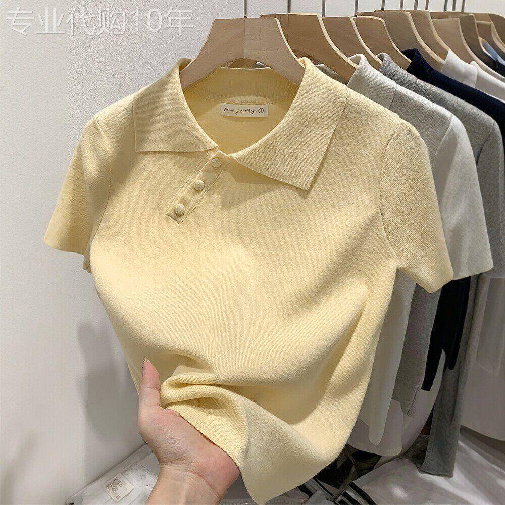 专柜高级设计感纯棉短袖针织polo衫女春夏季斜扣别致翻领T恤上衣