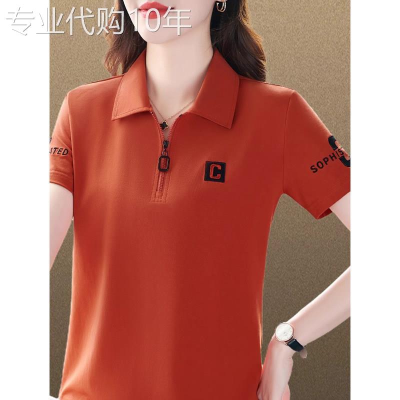 polo领短袖t恤女夏季新款刺绣棉质体恤大码高端休闲翻领女士上衣