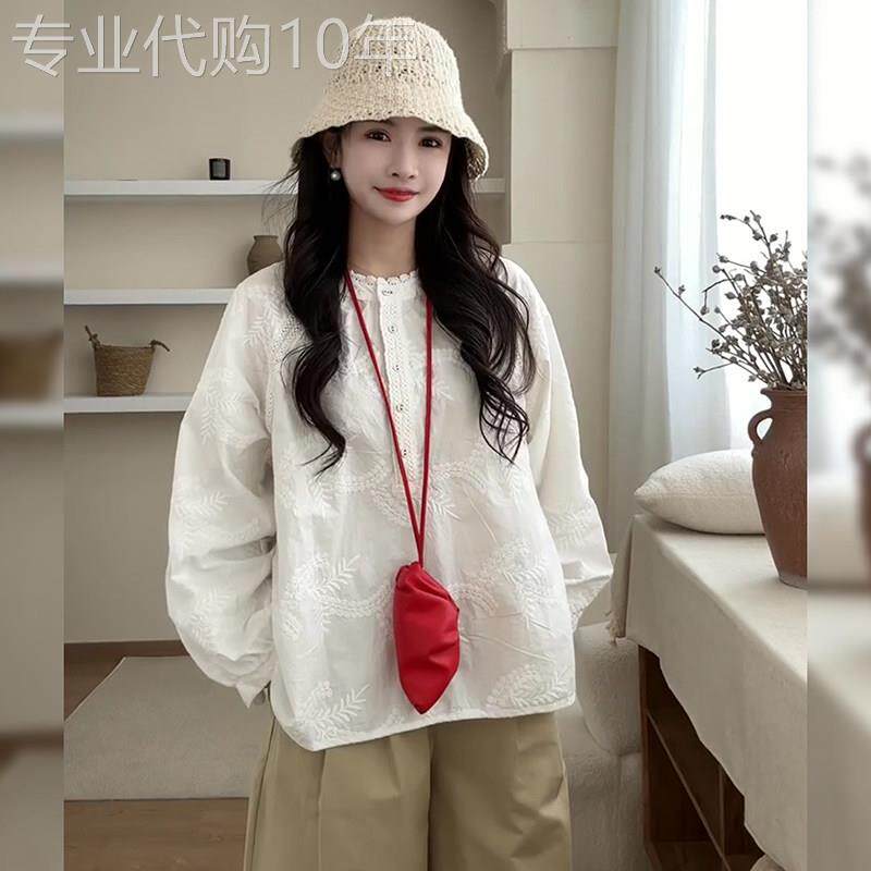 新中式国风白色泡泡袖刺绣衬衫女装2025年开 春新款圆领娃娃衫上