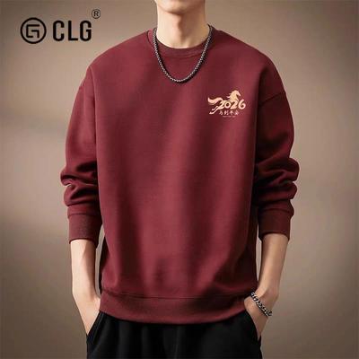 香港CLG潮牌马年本命年秋冬季新款重磅酒红色圆领卫衣情侣装上衣