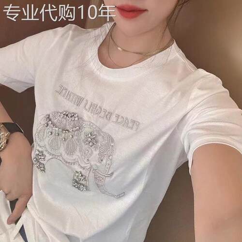 egmg刺绣短袖T恤女夏季新款欧货重工镶钻小象百搭正肩短款上衣女