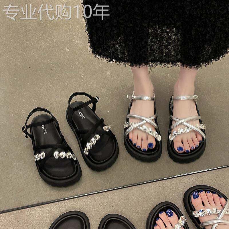 仙女风超火罗马水钻凉鞋女2026新款夏季真皮厚底一字扣带沙滩凉鞋