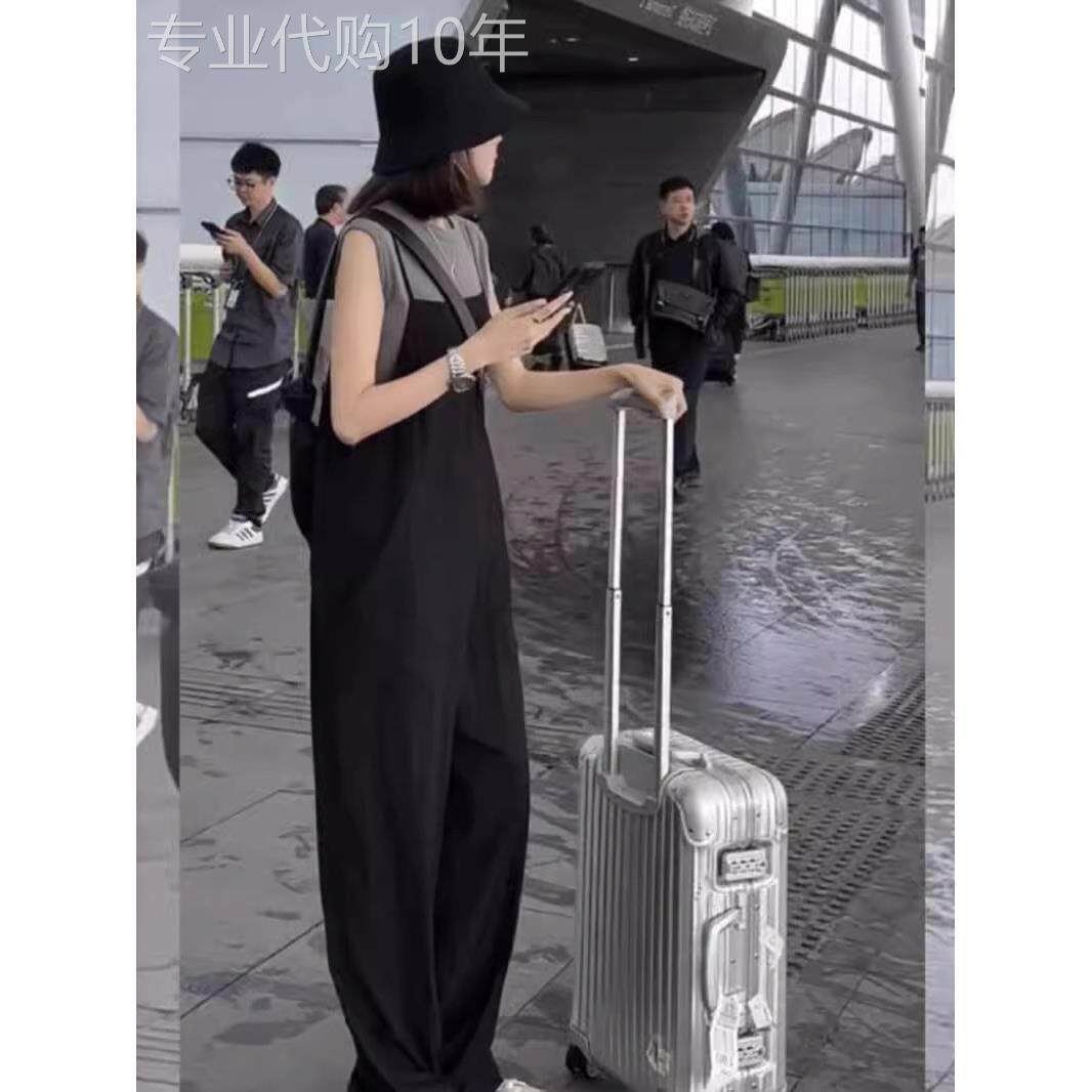 欧洲站夏季新款韩系慵懒极简风甜酷小众时尚灰色上衣背带裤两件套