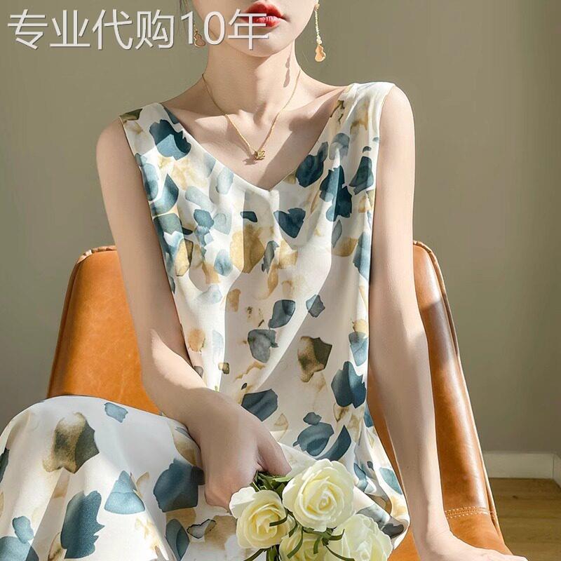碎花V领吊带洋装女夏季薄款2026新款水墨扎染印花醋酸缎面A字裙