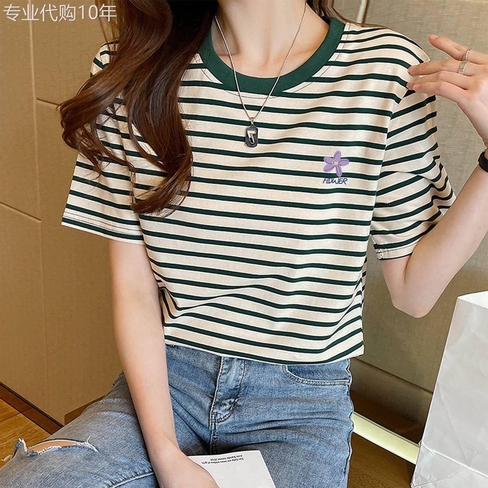 韩国复古绿色条纹纯棉短袖t恤女2026年新款夏季宽松百搭上衣