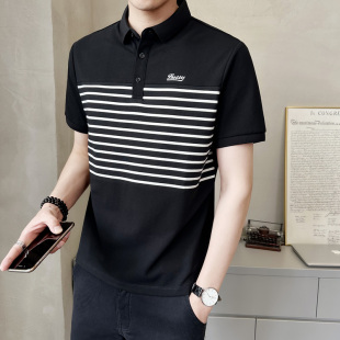 潮流装 2026新款 冰丝高端棉有0325k 士短袖 春夏男t恤条纹拼接polo衫