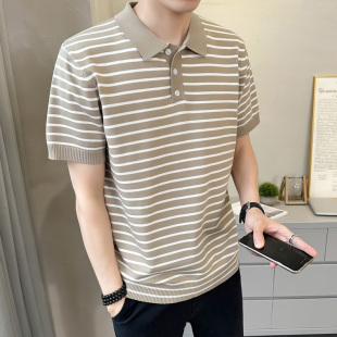 新款 士2026夏季 潮流宽松翻领冰丝夏0325k POLO衫 春夏男t恤条纹短袖