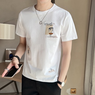 2026新款 夏装 白色半0325k 士刺绣修身 春夏男t恤凉感冰丝棉圆领短袖