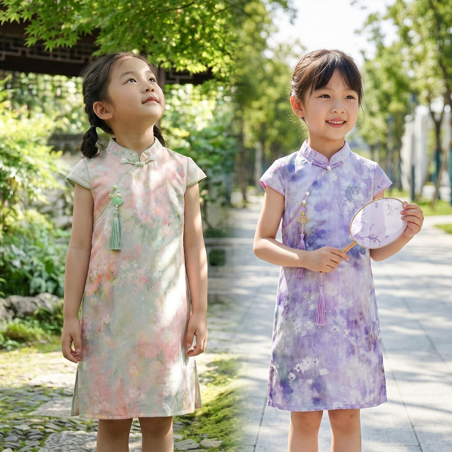 浮光锦女童夏季短袖旗袍裙送考