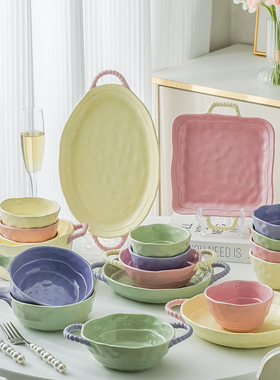 双拼色碗碟筷套装家用一人食米饭碗筷碗具盘子二人食情侣陶瓷餐具