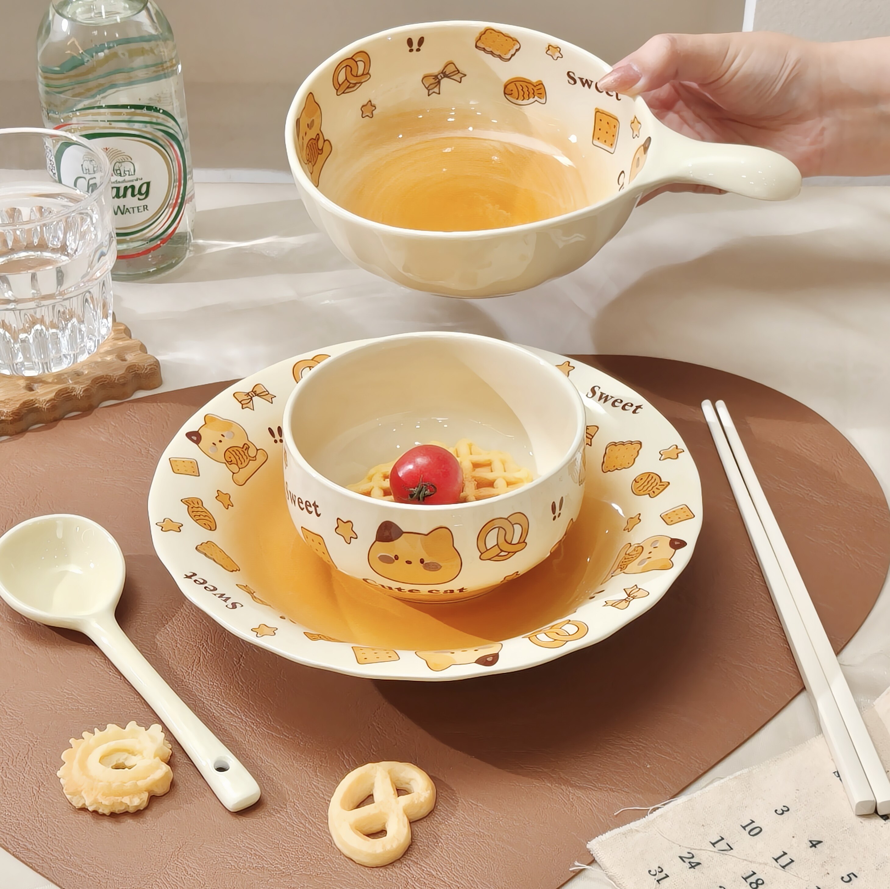 曲奇猫咪陶瓷手柄碗家用烤碗高颜值一人食碗筷套装餐具酸奶泡面碗