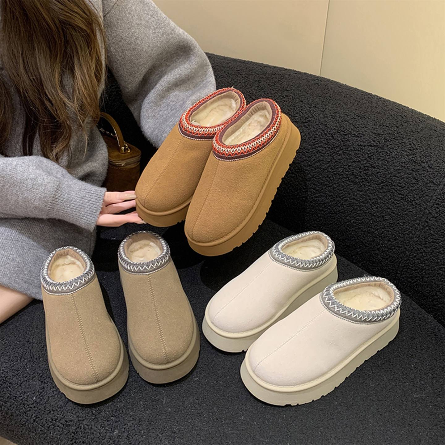 冬季新款厚底民族风雪地靴加绒加厚保暖棉拖鞋外穿毛毛鞋室内棉鞋,女鞋,棉鞋,淘宝优惠券,粉丝福利购,淘宝优惠卷