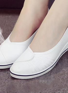 一字款平底坡跟护士鞋透气防滑软底白色工作鞋女鞋医院美容院鞋子