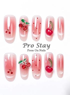 10pcs Handmade Pess on Nail Luxuy 3d Pink Chey & Heat Fake