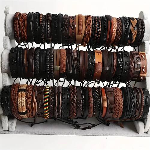 20Pcs Braided Leather Bracelets for Men Women Wrap Wood