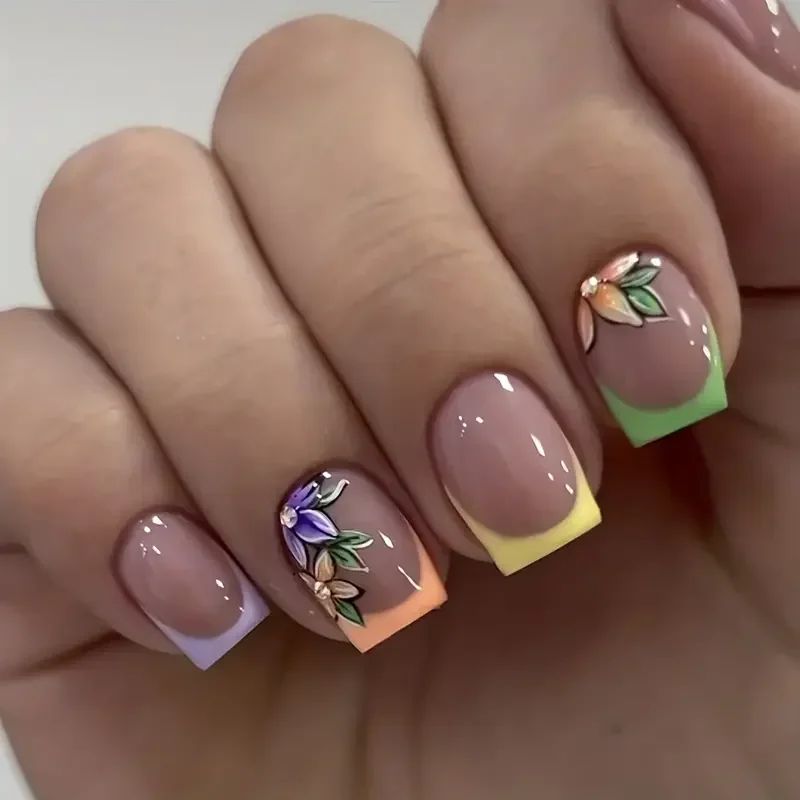 24pcs/box Glossy Shot Squae Fake Nails Coloful Fench Tip