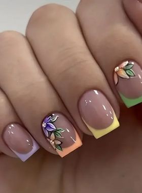 24pcs/box Glossy Shot Squae Fake Nails Coloful Fench Tip