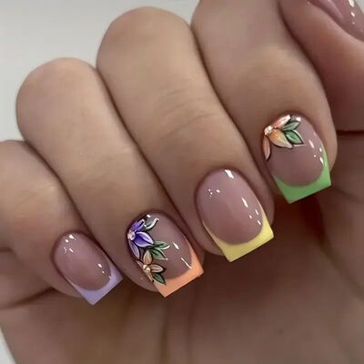 24pcs/box Glossy Shot Squae Fake Nails Coloful Fench Tip