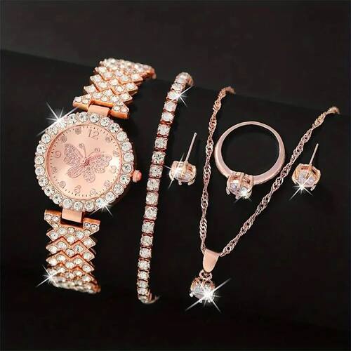 6pcs Jewely Set Rose Gold  Watch Women Ring Necklace