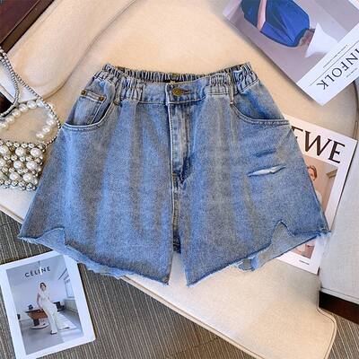 Plus-size women's summer denim shorts Washed denim fabric