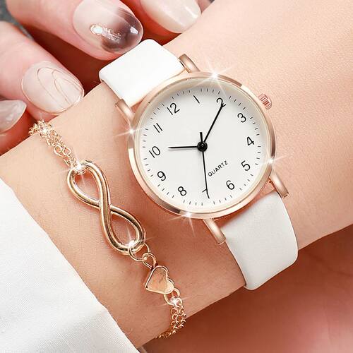 2PCS/Set Women's Watch Fashion Aabic Dial Leathe Band Quatz