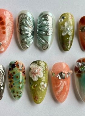 10Pcs Handmade Manicue Medium Almond Fake Nails 2024 New 3D