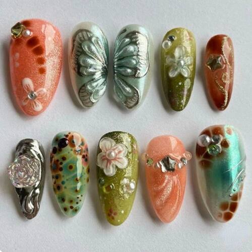 10Pcs Handmade Manicue Medium Almond Fake Nails 2024 New 3D