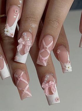 24Pcs Ballet Squae Pink Pess on Bow Nails 3D Flowe with
