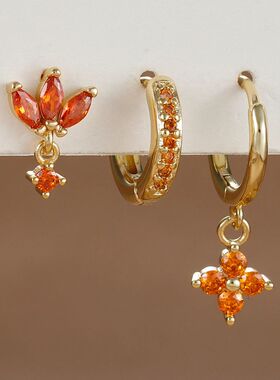 3PCSOrange Blue Zircon Hanging Earrings Set for Women