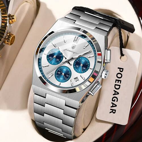 POEDAGAR Luxury Man Watch Chronograph Date Stainless Steel