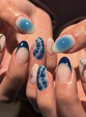 24PCS Blue Blued Fench False Nail At with Glue Simple Sta