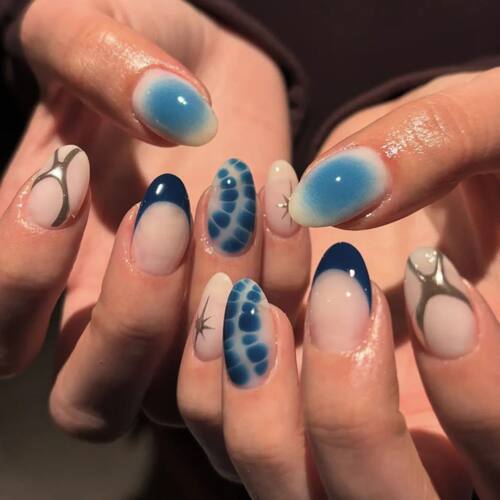 24PCS Blue Blued Fench False Nail At with Glue Simple Sta