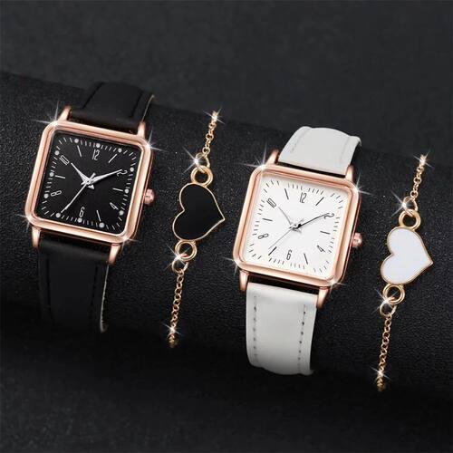 2PCS/SetSquare Women's Watch Leather Band Quartz Watches