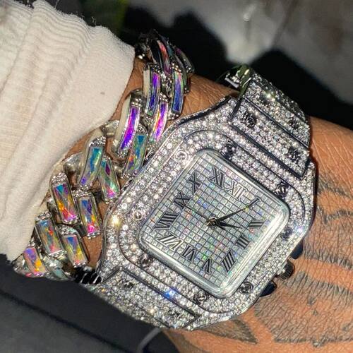 2024 Full Iced Out Watch Mens Cuban Link Chain Bacelet