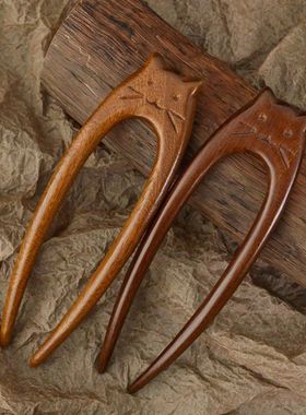 Chinese Cat Pattern Hair Sticks Wooden U Shaped Hair Forks