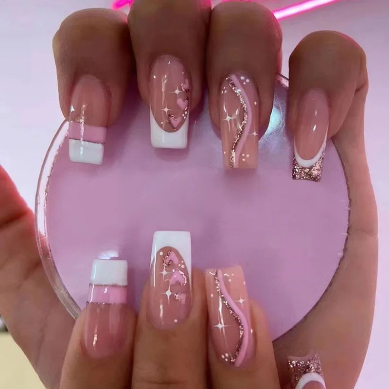 24Pcs False Nails Squae With Design Fake Pess on Nails Gel