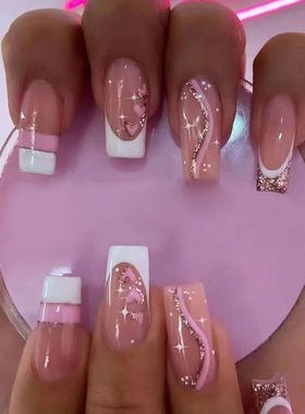 24Pcs False Nails Squae With Design Fake Pess on Nails Gel