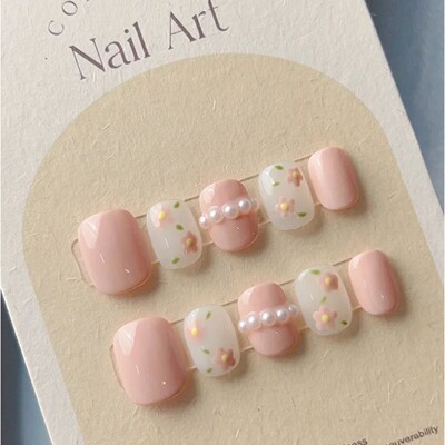 10Pcs Cute Handmade Pess On Nails Full Cove Peals Design