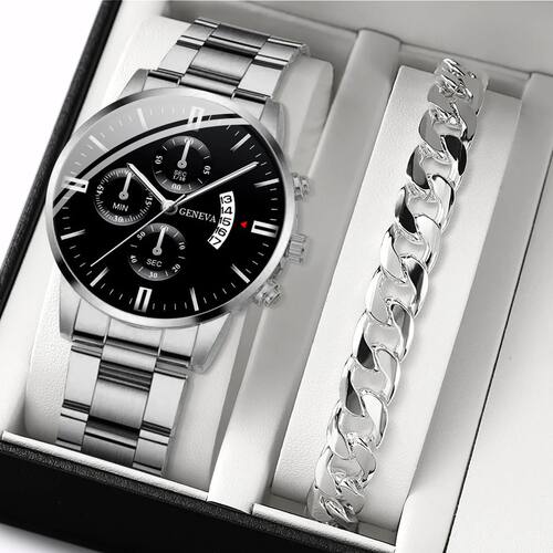 2PCS Men Business WatchesSteel Band Quartz Watch Male