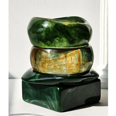 Retro Geometric Irregular Square Green Smudge Chunky Resin
