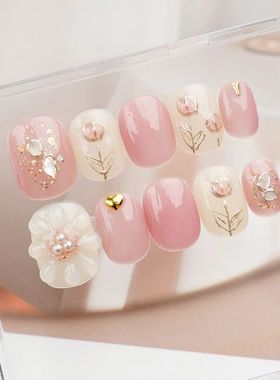 10pcs Blue Pink Handmade Pess on Nails with Flowe Shot