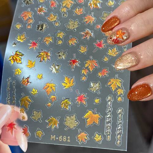 5D Autumn Maple Leaves Nail Sticke Jelly Golden Fallen