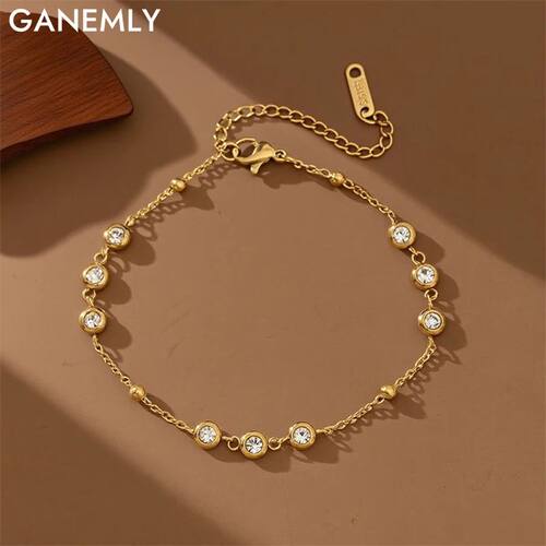 GANEMLY 316L Stainless Steel Round Sparkling Zirconia