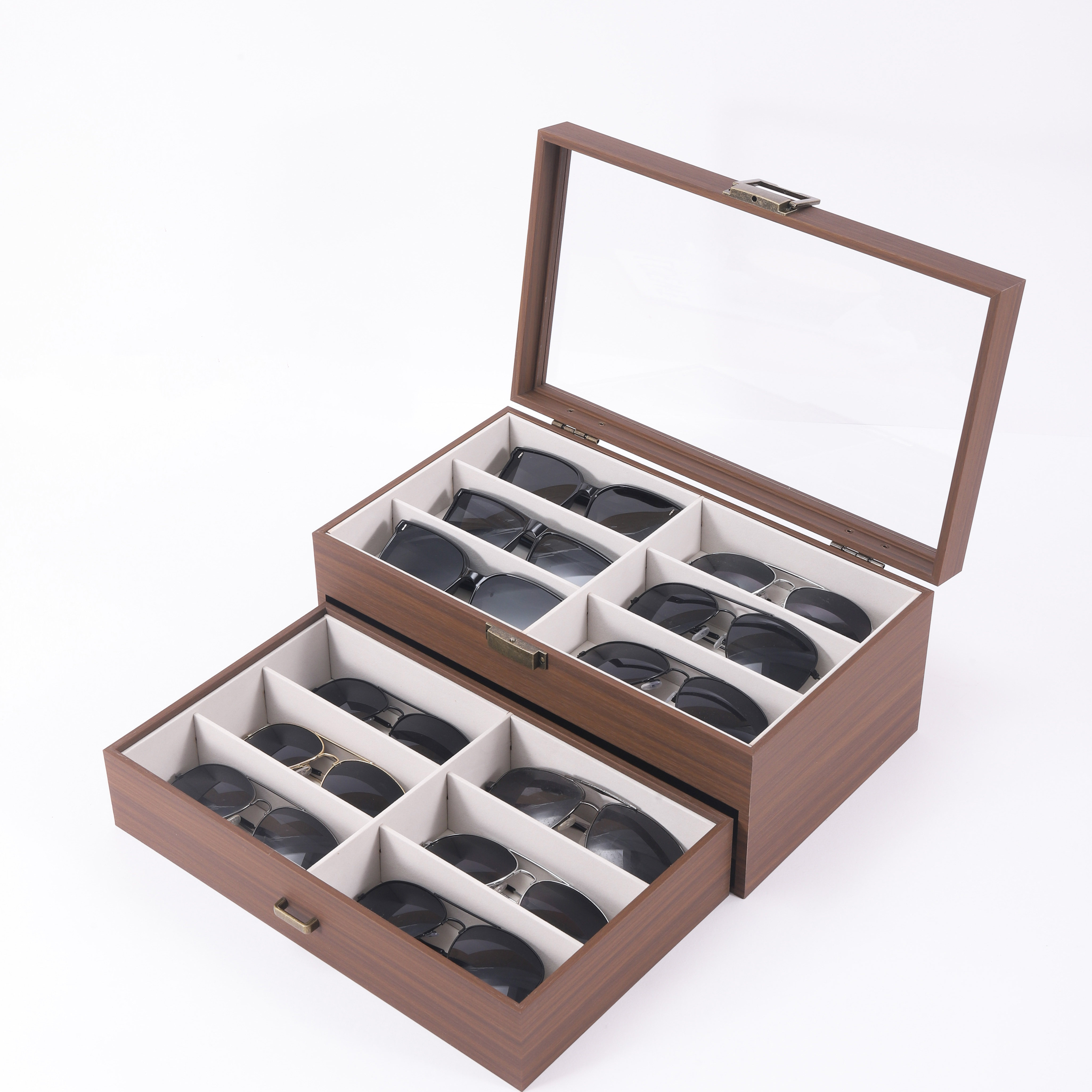 梦冉胡桃木纹眼镜收纳盒多格眼镜盒家用墨镜太阳镜收藏整理大容量